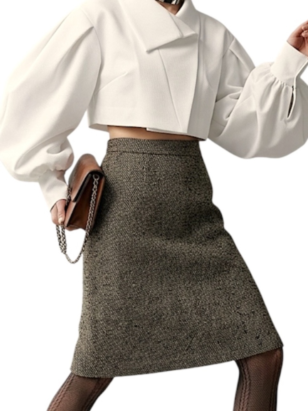 Vintage 90s Compagna Korea black grey old money knee length tweed skirt